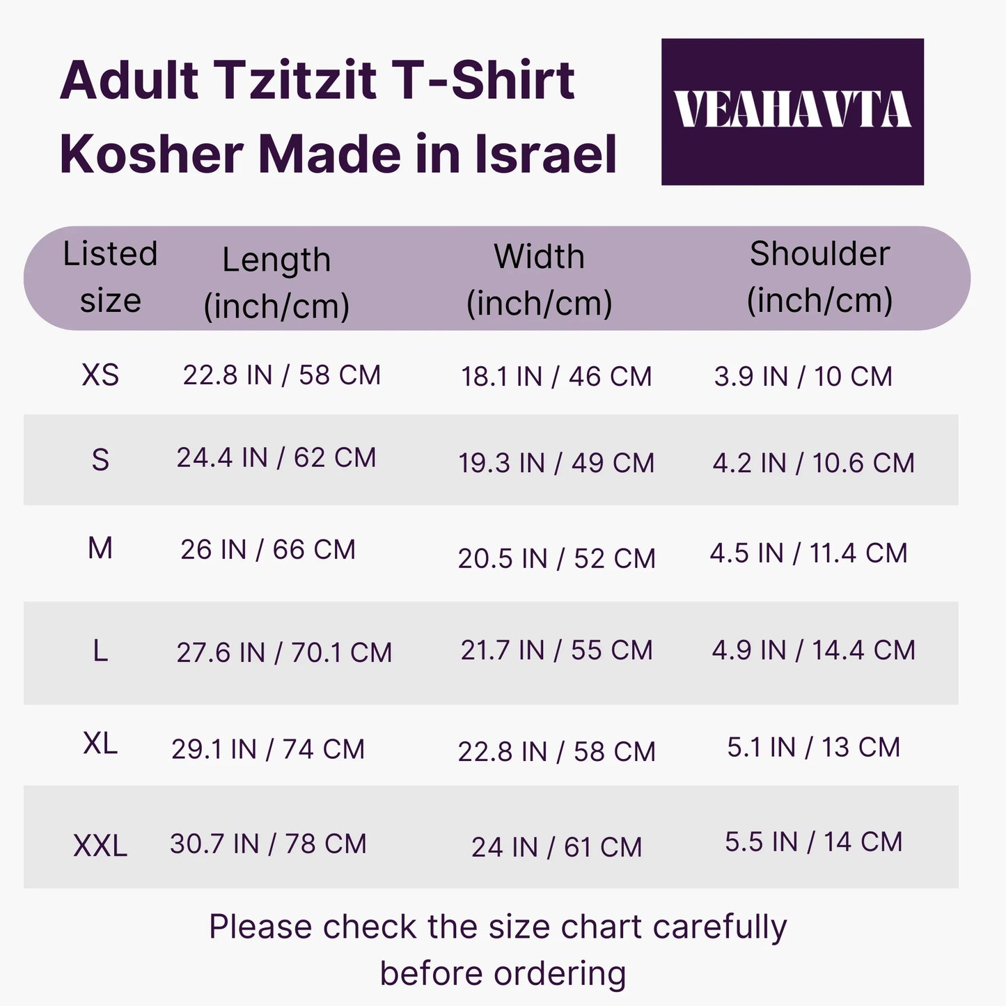 Size chart for Adult Tzitzit T-Shirt with Vehavta branding