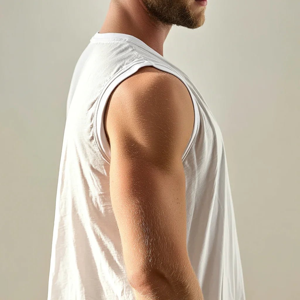 Man wearing a white Tzitzit T-shirt sleeveless against a plain background