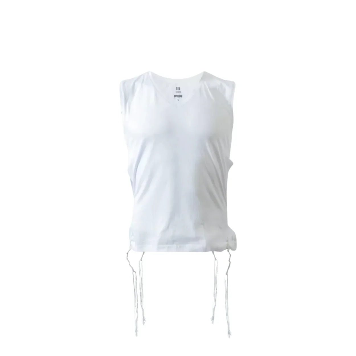 White sleeveless Tzitzit T-shirt on a white background