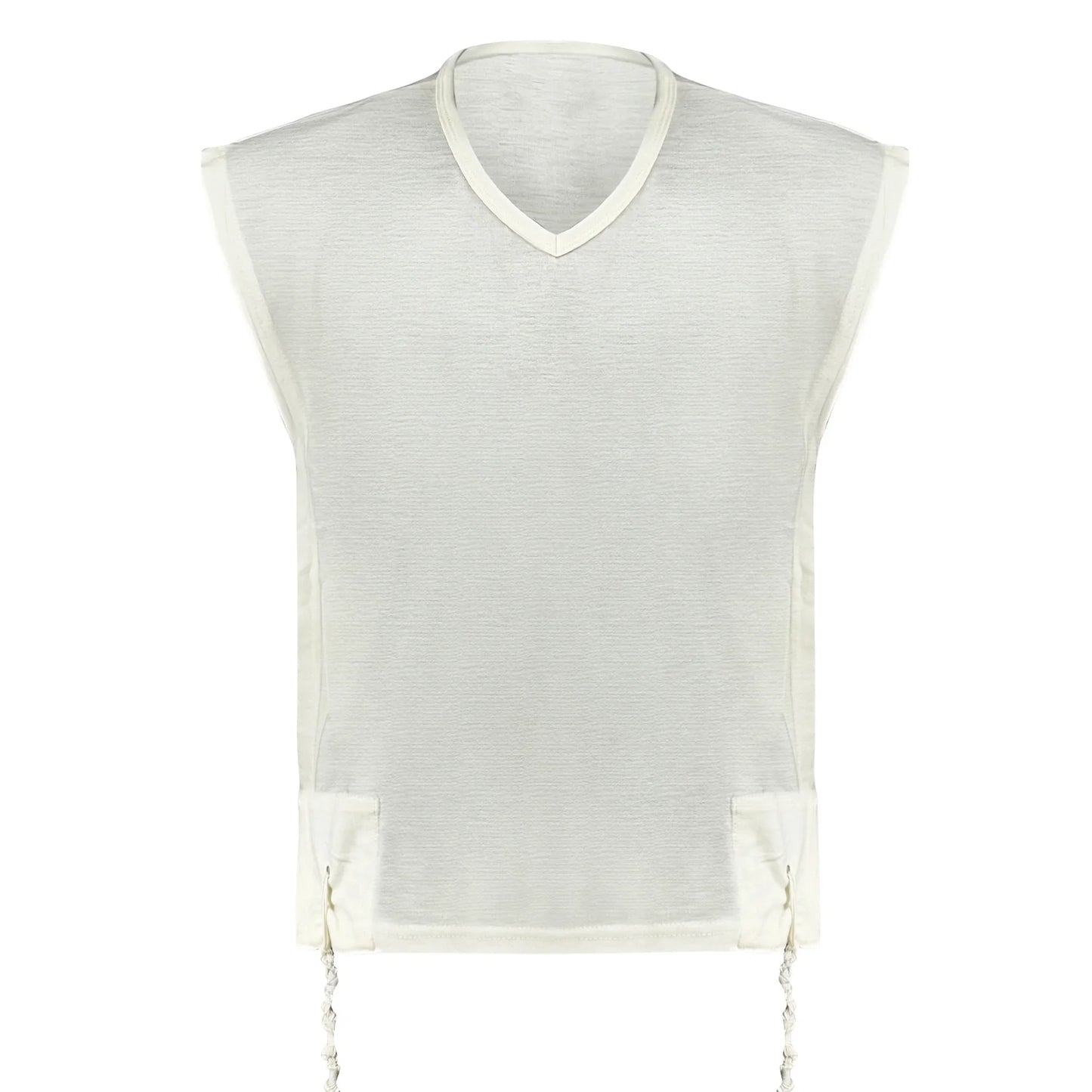 White wool Tzitzit T-shirt . Made from 100% lamb’s wool, the garment features a wide halachic V-neck opening, reinforced collar, and kosher tzitzit strings hanging from all four corners. Subtle textured fabric, designed for daily religious wear.