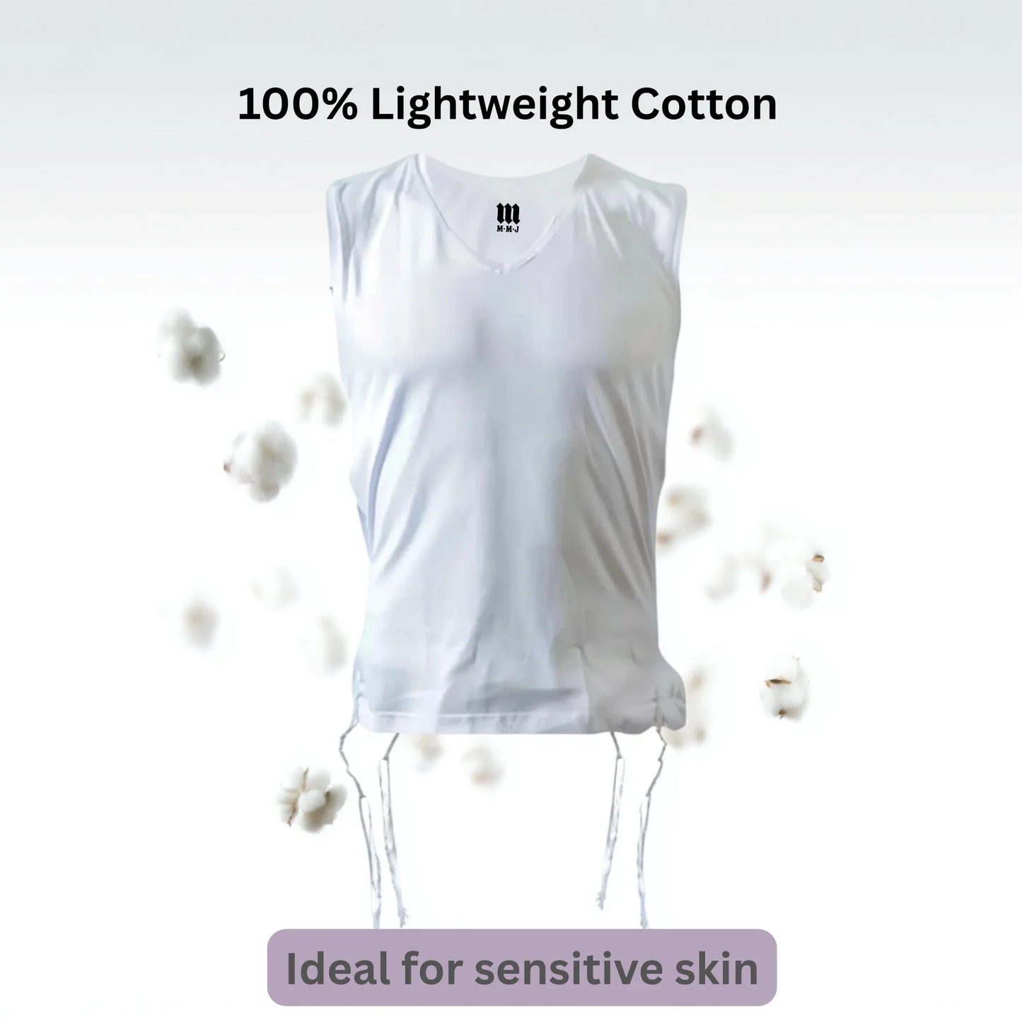 White sleeveless Tzitzit T-shirt on a mannequin with cotton fibers and text indicating '100% Lightweight Cotton' and 'Ideal for sensitive skin'.