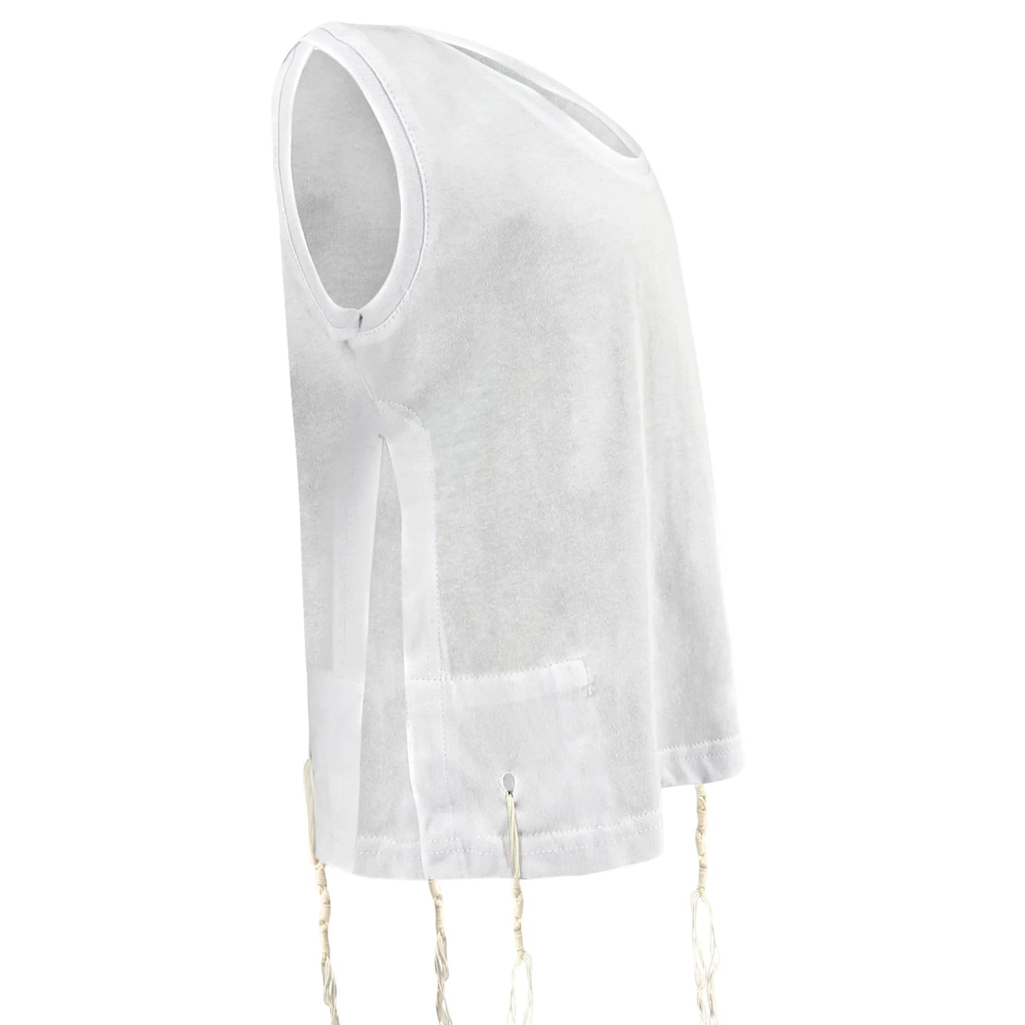 White sleeveless Tzitzit T-shirt on a white background