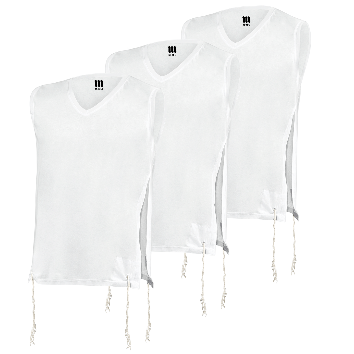 Three white sleeveless Tzitzit undershirts with V-neck design, each featuring kosher-certified tzitzit strings at the corners and the MMJ logo printed inside the collar. Shirts are arranged in a staggered layout on a white background.