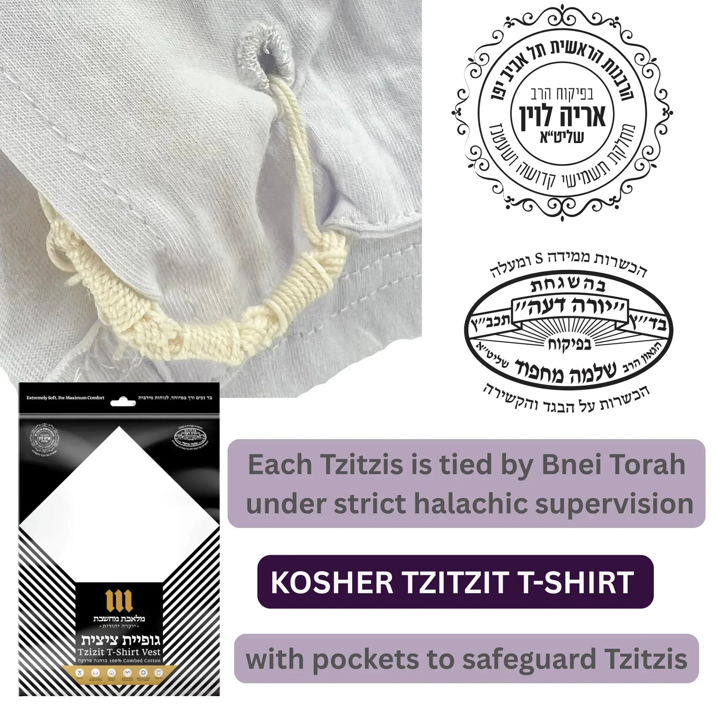 Kosher Tzitzit t-shirt packaging with text about Bnei Torah supervision and halachic supervision.