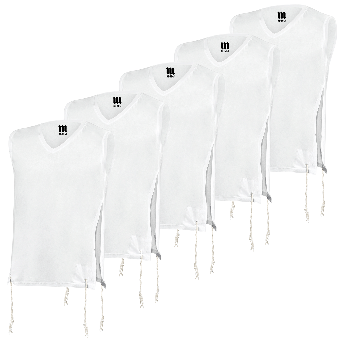 Pack of five white Tzitzit T-Shirt Vests displayed in a staggered arrangement. Each vest features a sleeveless V-neck design with Tzitzit strings at the corners, and the MMJ brand logo printed on the inside neckline. Designed for daily wear and religious observance.