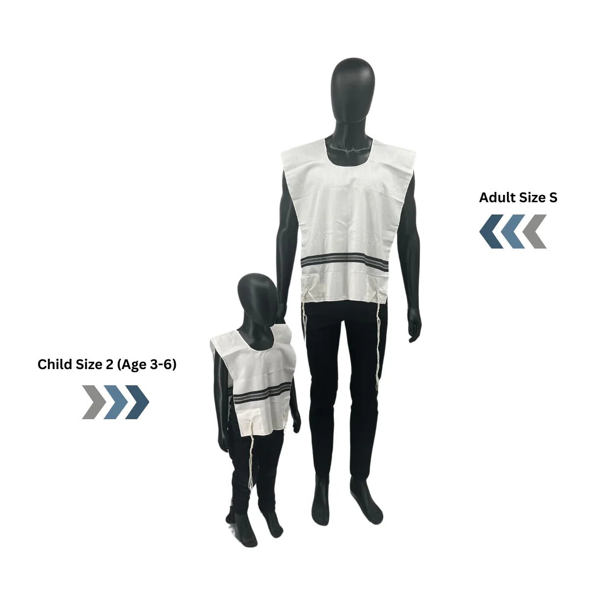 Side-by-side display of two black mannequins wearing white wool Chabad Tallit Katan garments with black stripes. The left mannequin represents a child size 2 (age 3–6), and the right mannequin shows an adult size small. Both garments feature kosher tzitzit strings hanging from the corners.
