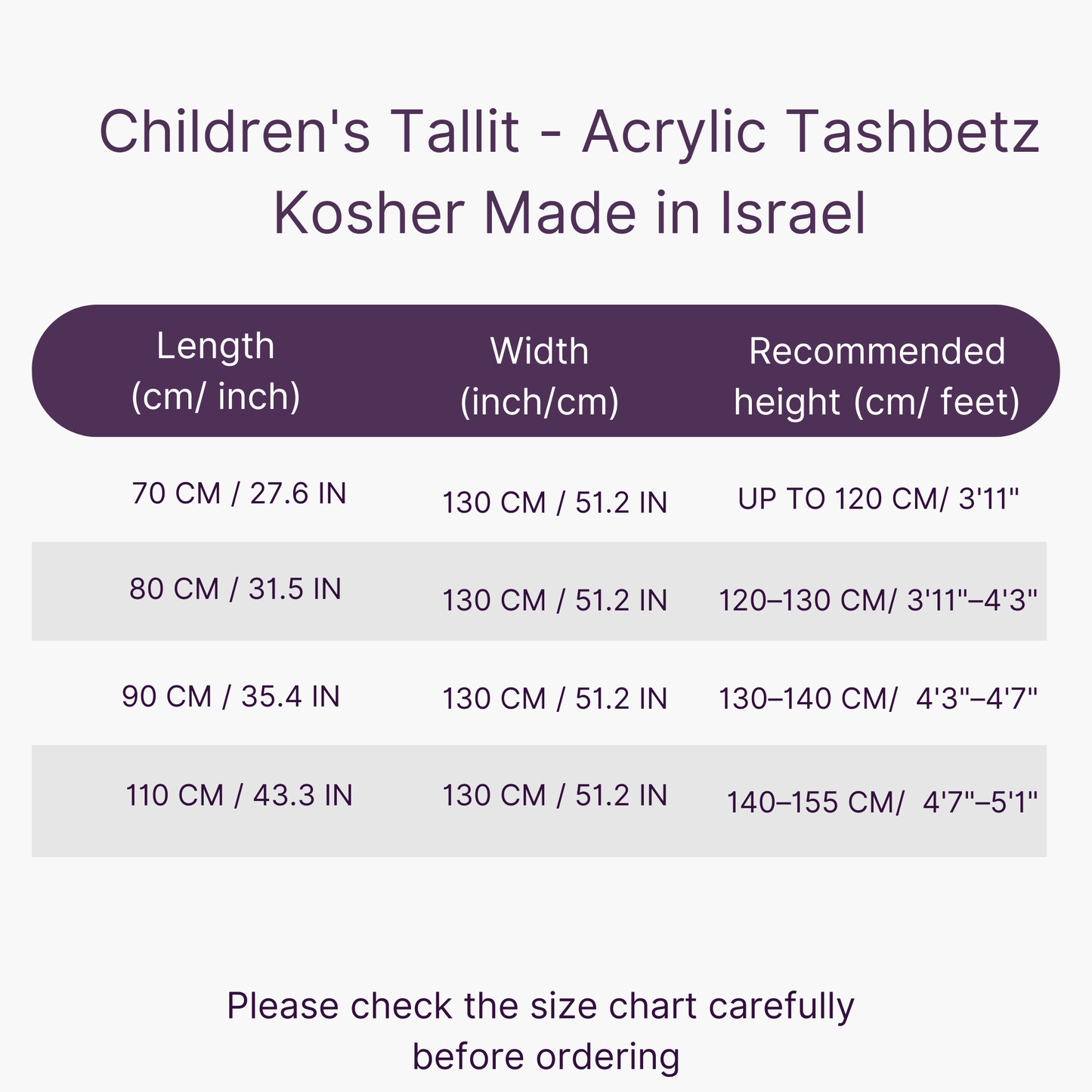 Children's Tallit size chart with dimensions and height recommendations on a white background