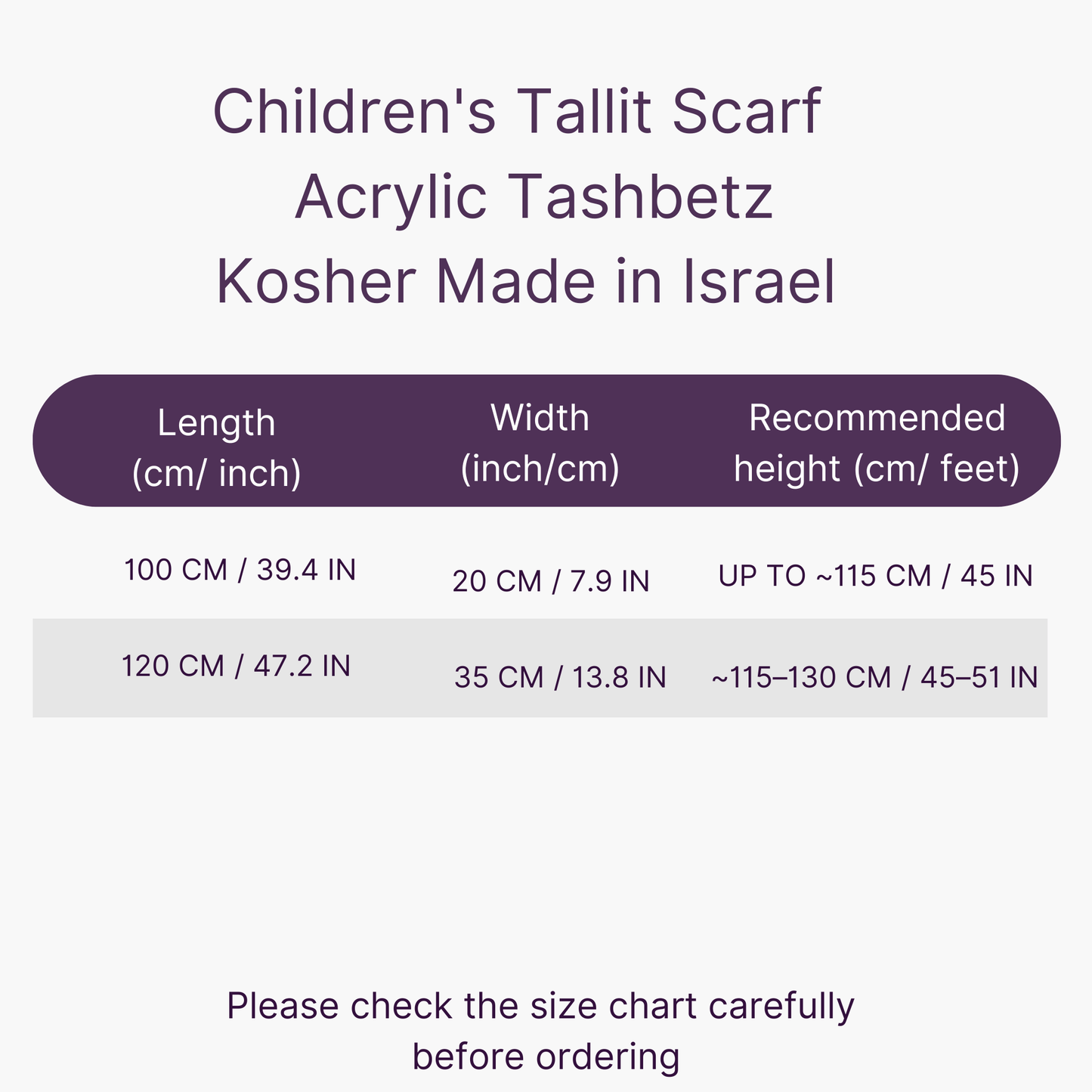 Children's Tallit Scarf size chart with dimensions and material details on a white background