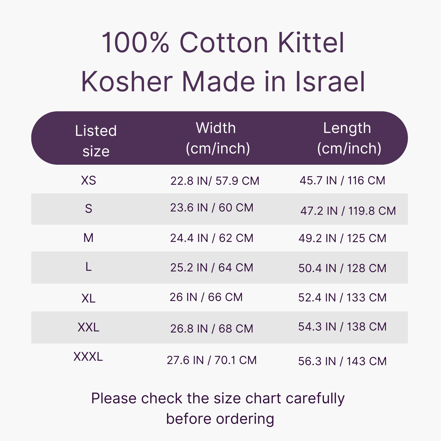 Size chart for 100% Cotton Kittel Kosher clothing made in Israel