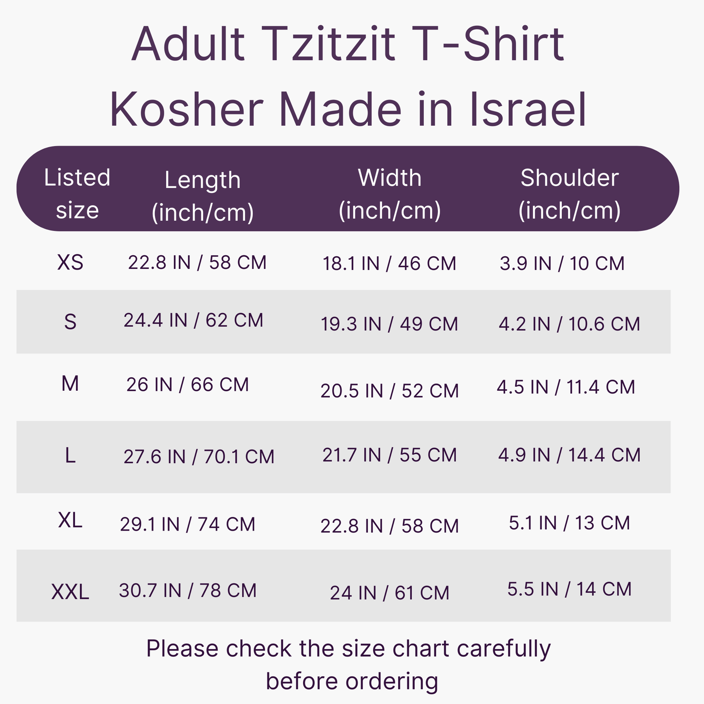 Size chart for Adult Tzitzit T-Shirt with dimensions listed.