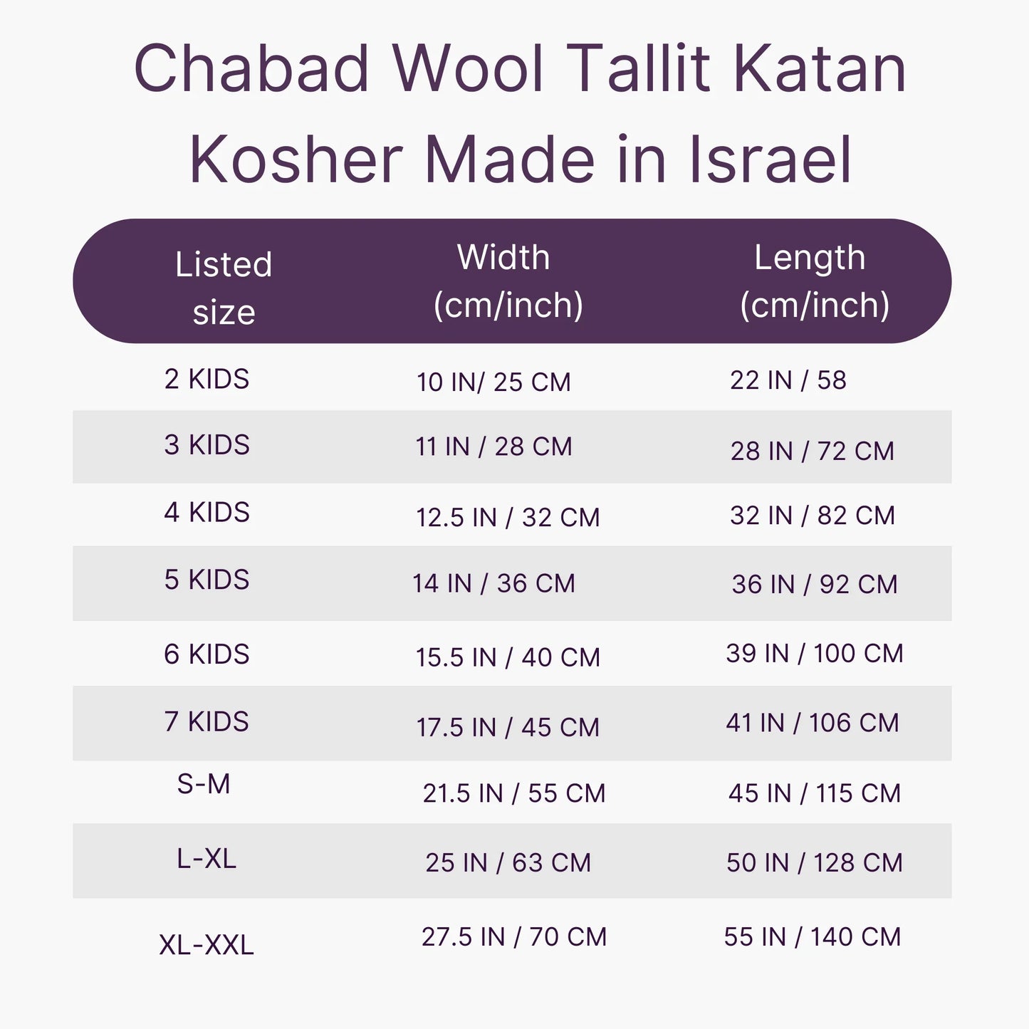 Measurement chart for Chabad Wool Tallit Katan sizes made in Israel