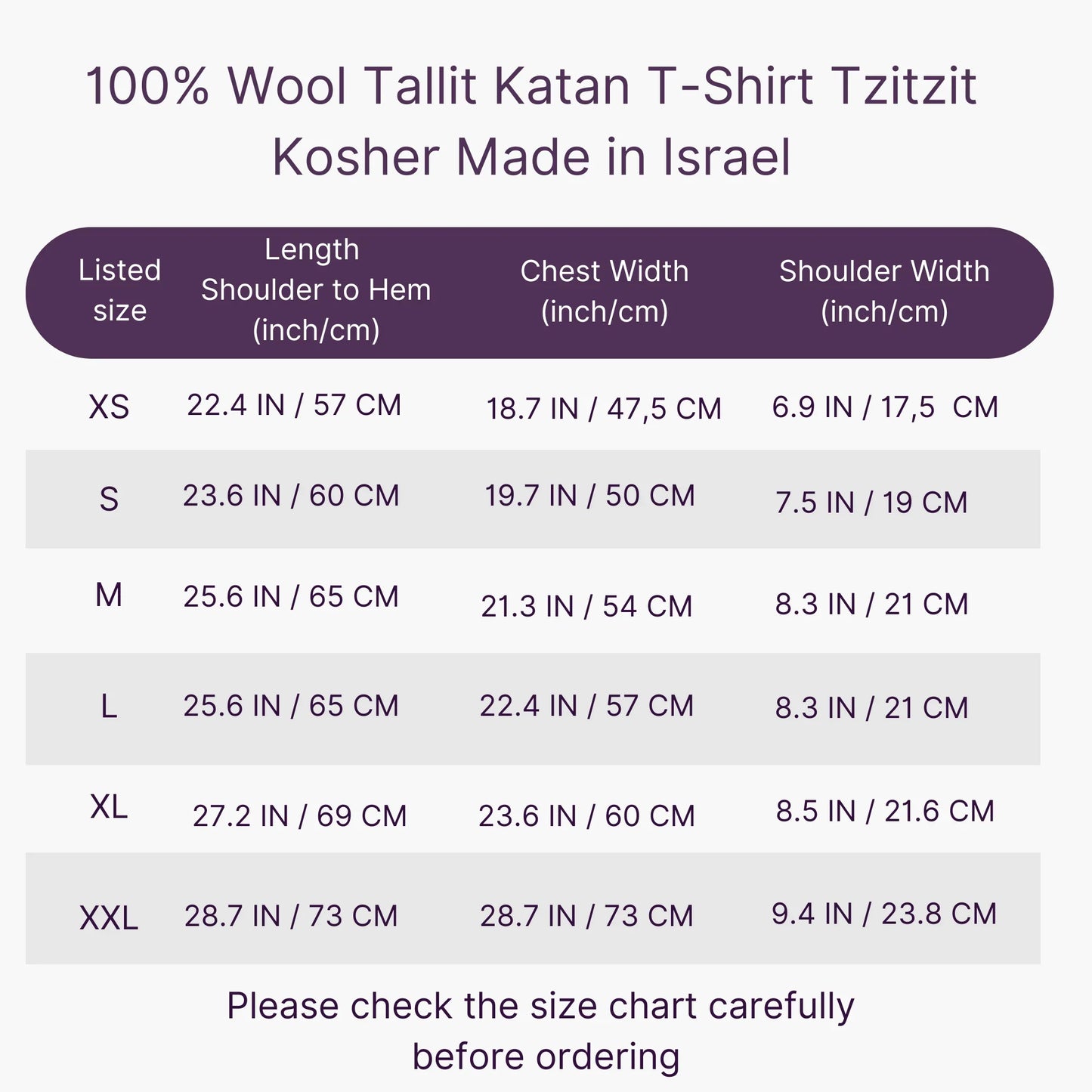 Size chart for a 100% Wool Tallit Katan T-Shirt Tzitzit with dimensions listed.