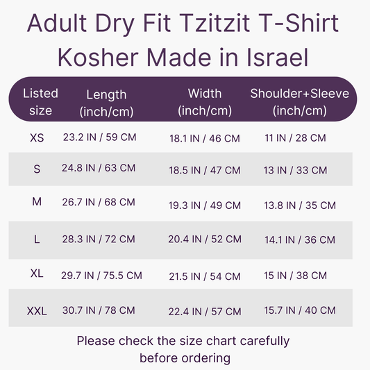 Size chart for Adult Dry Fit Tzitzit T-Shirt with dimensions listed.