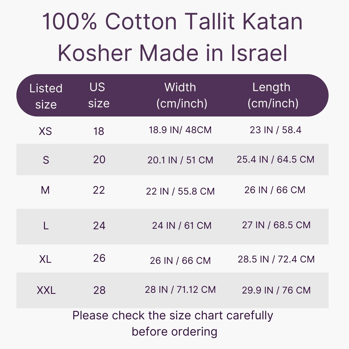 Size chart for 100% Cotton Tallit Katan Kosher with dimensions in centimeters and inches.