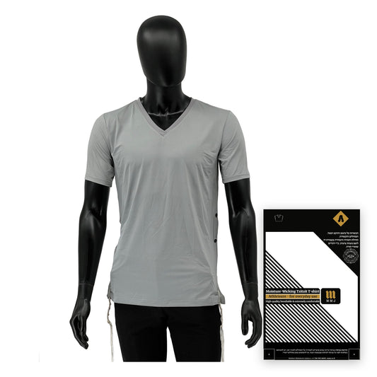 Adults Tzitzit T-Shirt Dri-Fit V-Neck – Thin Strings, Ashkenazi, Sephardi & Chabad – gray, with MMJ packaging