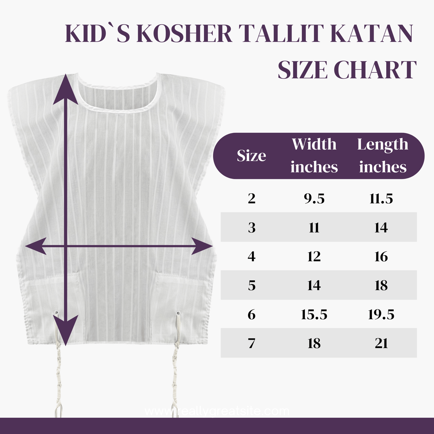 Size chart for a kids' kosher tallit katan with measurements in inches.
