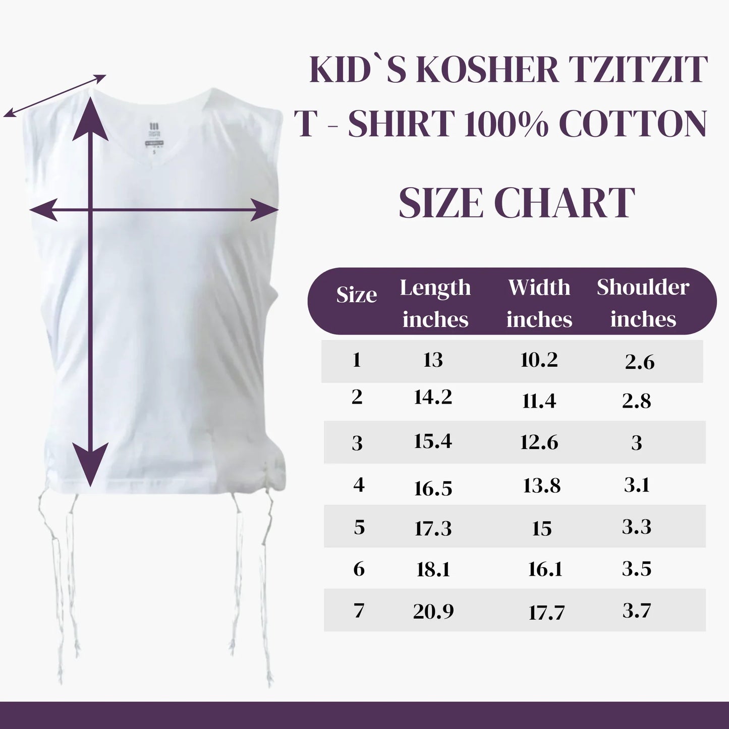 Size chart for a Kid's Kosher Tzitzit t-shirt with measurements in inches.