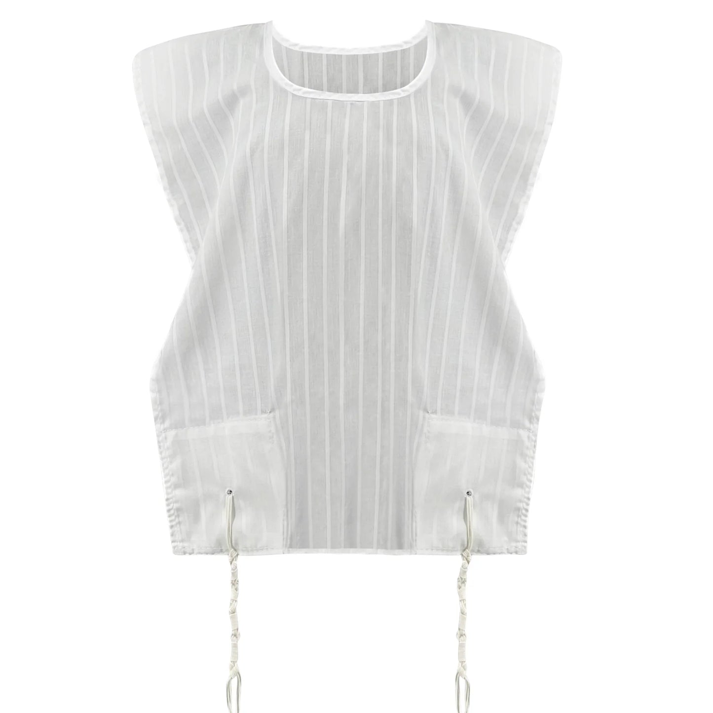 White sleeveless Tzitzit T-shirt with thin stripes on a white background