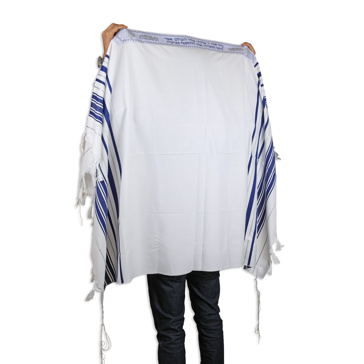 Wool Tallit Smooth Wool AA Sephardi Hand Spun Thick Tzitzit – blue and silver full view