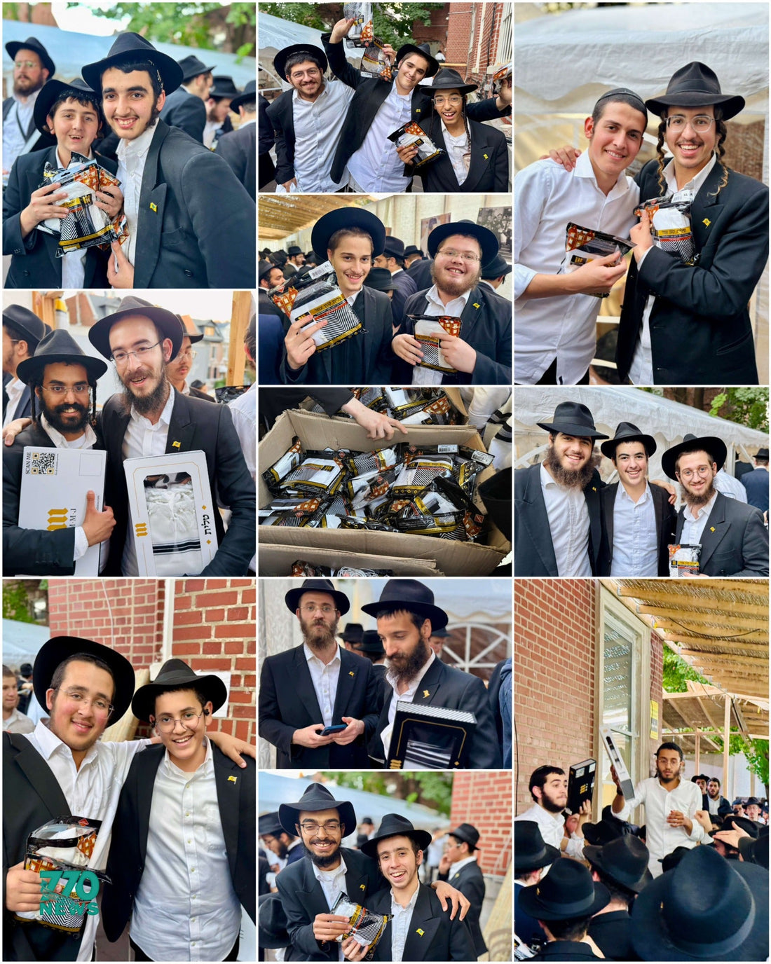Photo collage of bochurim with Melechet Machshevet tzitzit and tallitot at the Tishrei distribution in Crown Heights