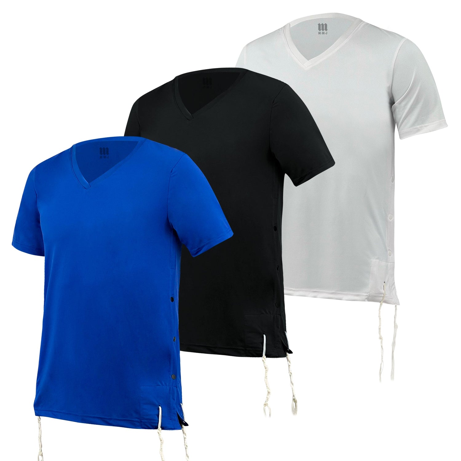 Three Dry-Fit Tzitzit T-Shirts in blue, black, and white, each with V-neck design and attached tzitzit strings at the corners.