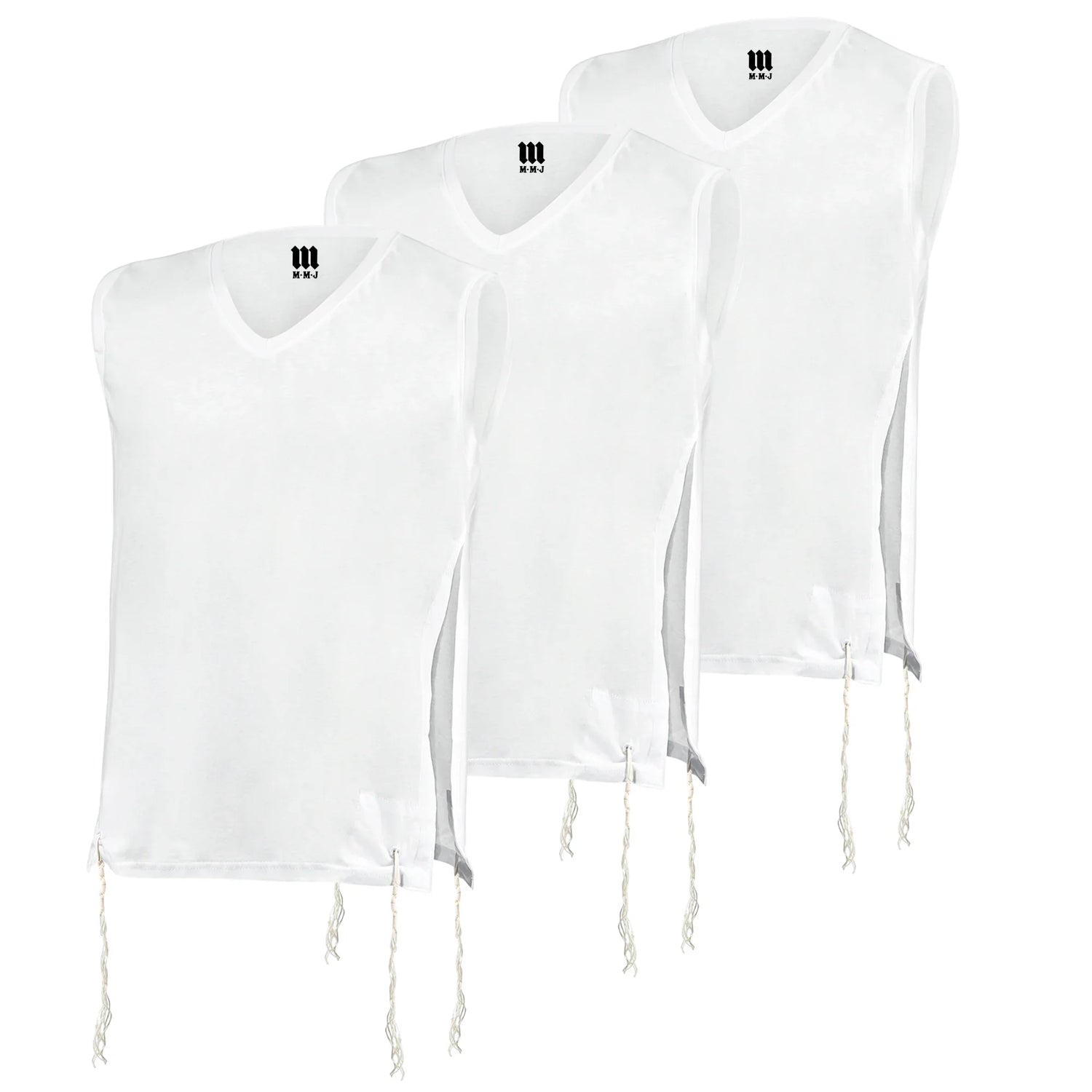 Set of three white sleeveless V-neck Tzitzit T-shirt vests with side openings and white Tzitzit fringes hanging from the corners. 