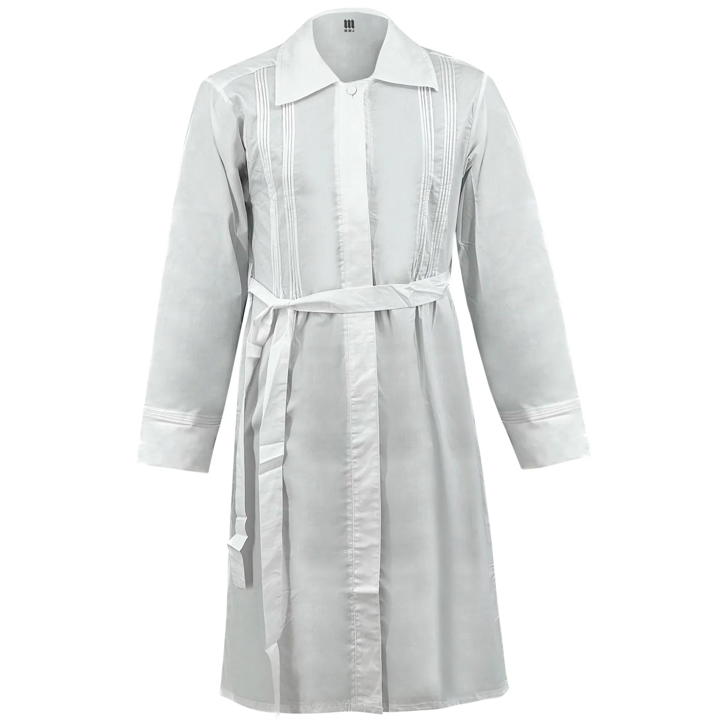 Men’s white traditional Kittel with front buttons, belt tie, and long sleeves. Worn for Shabbat and Jewish holidays.