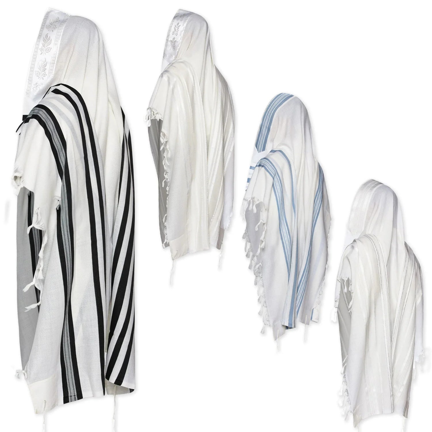Five traditional Jewish prayer shawls (Tallitot) shown from the back, featuring various stripe colors including black, white, and blue. Each shawl has a decorative atarah and knotted fringes (Tzitzit) hanging from the corners. 