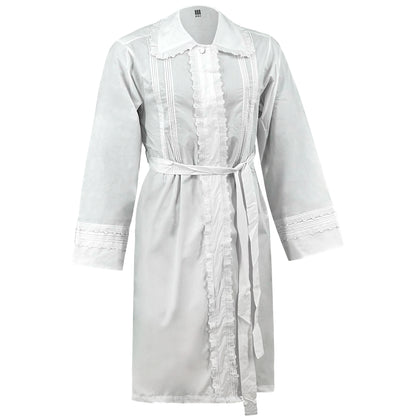 A white long kittel with decorative pleats and an open hem, tied with a belt at the waist.