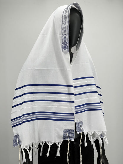 tallit prayer shawl with blue stripes and decorative corners, worn draped over the head and shoulders of a mannequin.