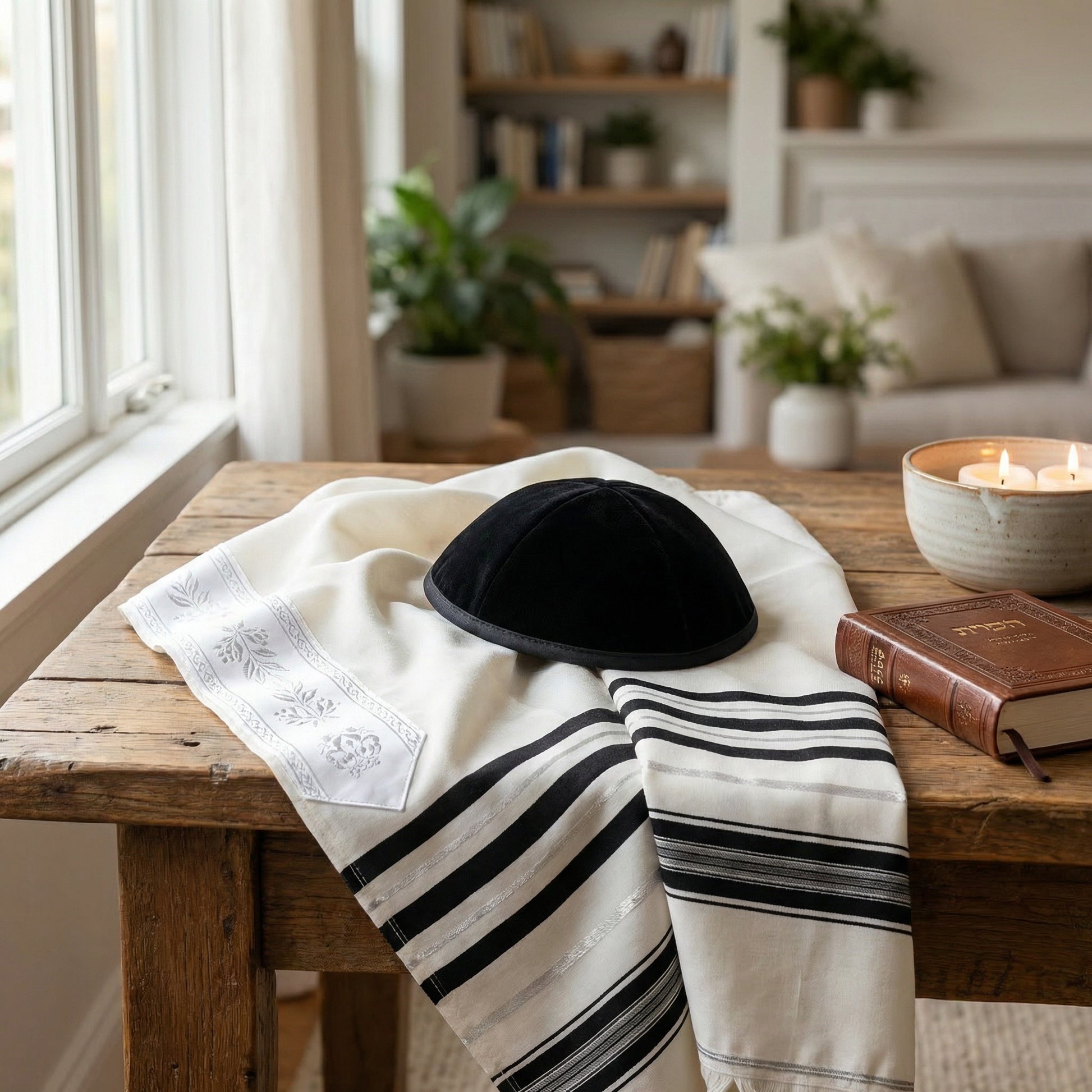 Black yarmulke on a white prayer shawl with black stripes on a wooden table in a home setting.