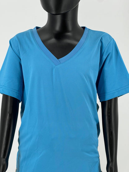 Front view of a mannequin wearing a bright blue V-neck short-sleeve Tzitzit T-shirt made from breathable mesh fabric. The image highlights the neckline, shoulders, and upper torso, with a plain light background.