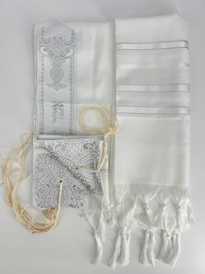 white tallit prayer shawl with silver stripes and decorative corner reinforcements