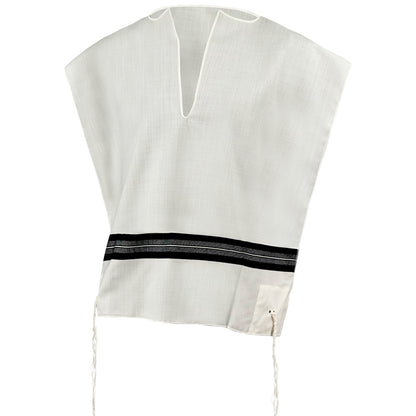 White Ashkenazi wool tallit katan with black stripe on a white background