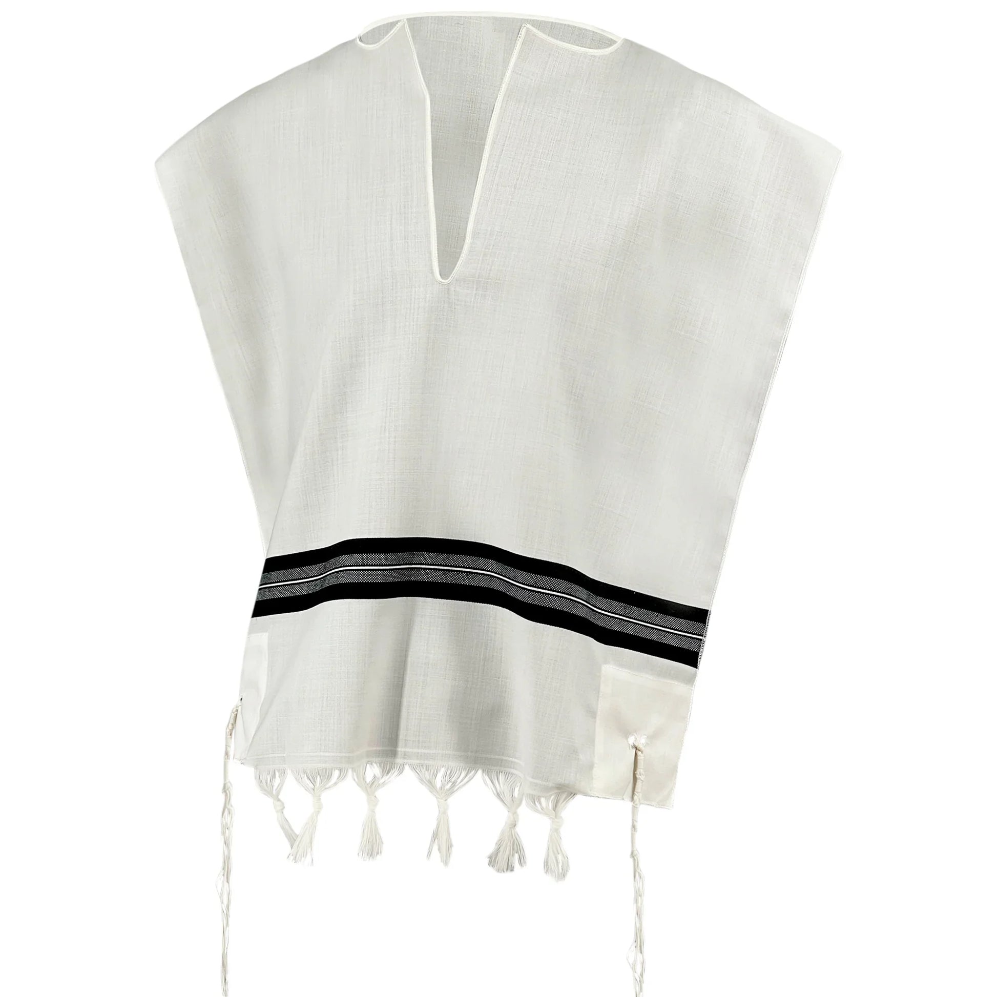 white wool Tallit Katan with black striping and decorative fringe along the bottom