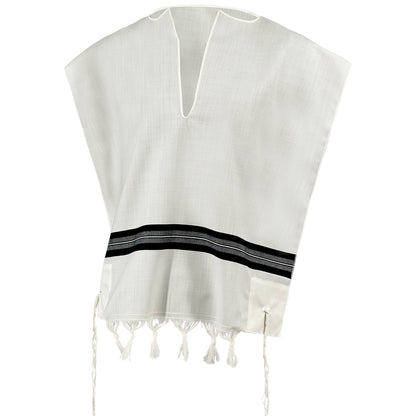 white wool Tallit Katan with black striping and decorative fringe along the bottom
