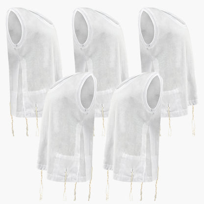 five white Kids  T-Shirt Tzitzit with round neck and kosher tzitzit