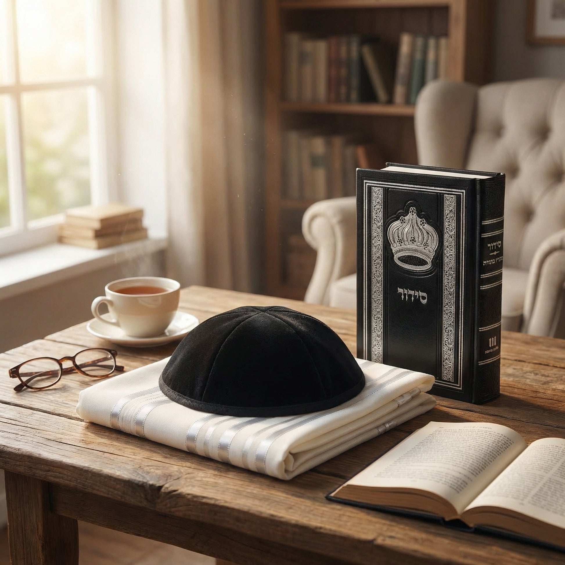Table with a black yarmulke, open book, coffee cup, and glasses in a cozy room.