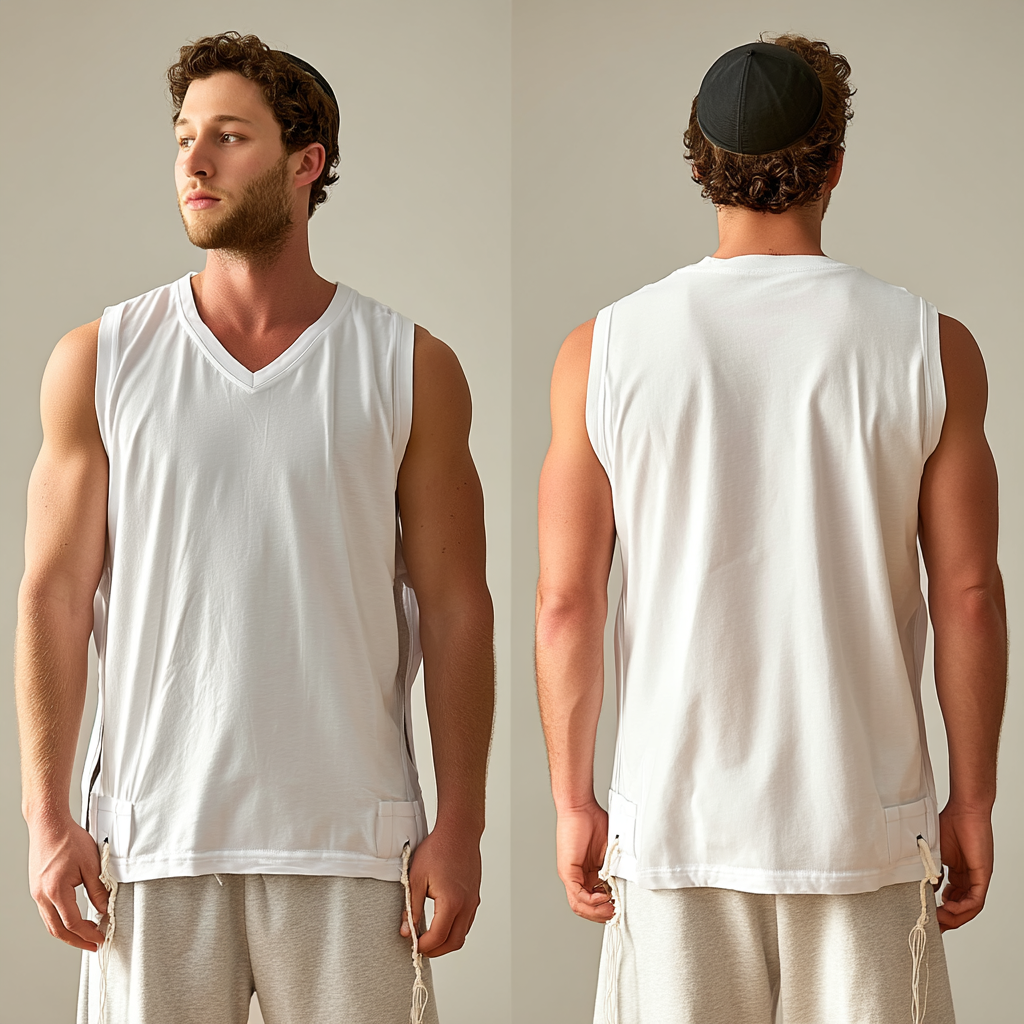 Man wearing a white Tzitzit sleeveless T-shirt and beige shorts, shown from front and back.