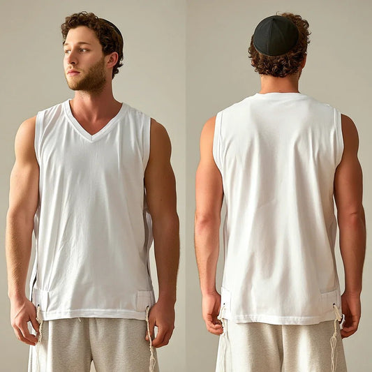 Man wearing a white Tzitzit sleeveless T-shirt and beige shorts, shown from front and back.