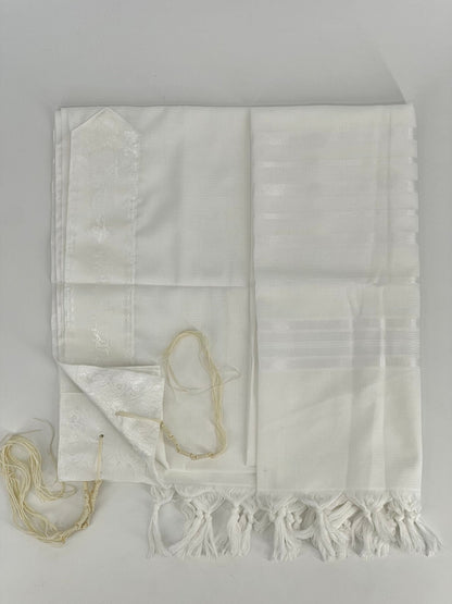 Flat-lay image of a white Acrylic Tallit Chatanim with white stripes and white decorative elements. T