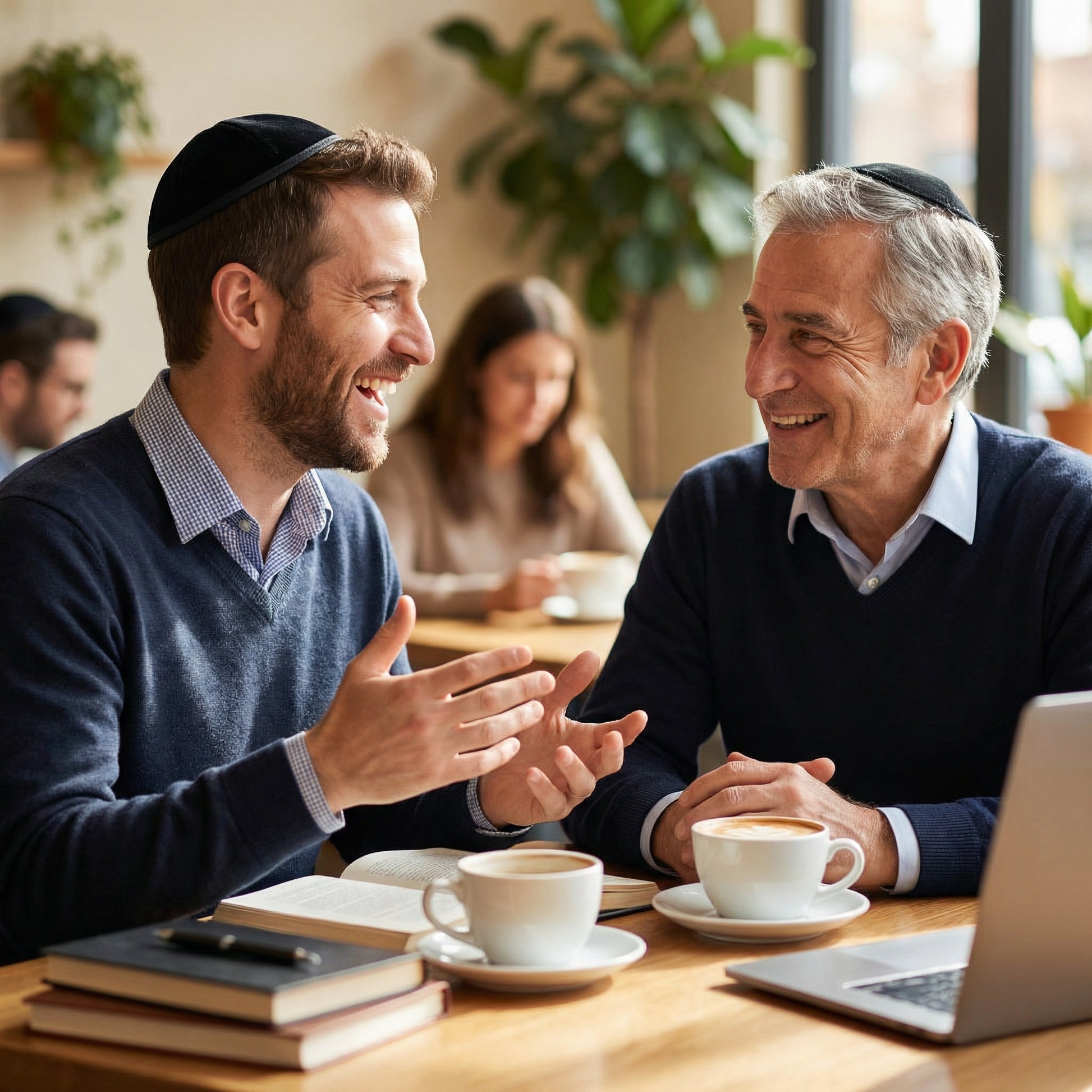 Two jews sitting at a table with coffee and a laptop, engaged in conversation.