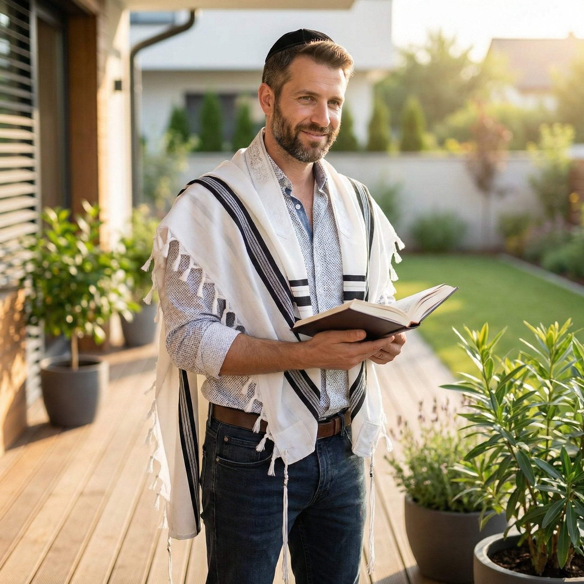 Man wearing a prayer shawl holding a book outdoors on a wooden deck.