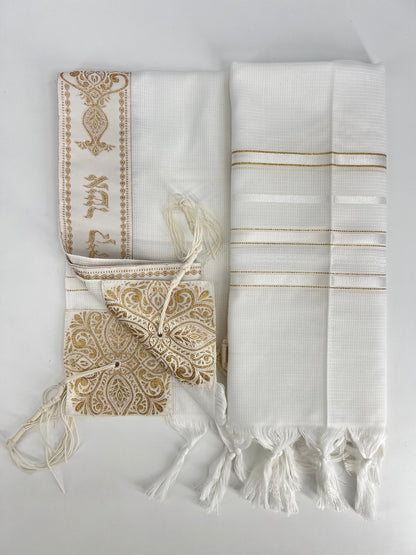 white tallit prayer shawl with  gold stripes and decorative corner reinforcements