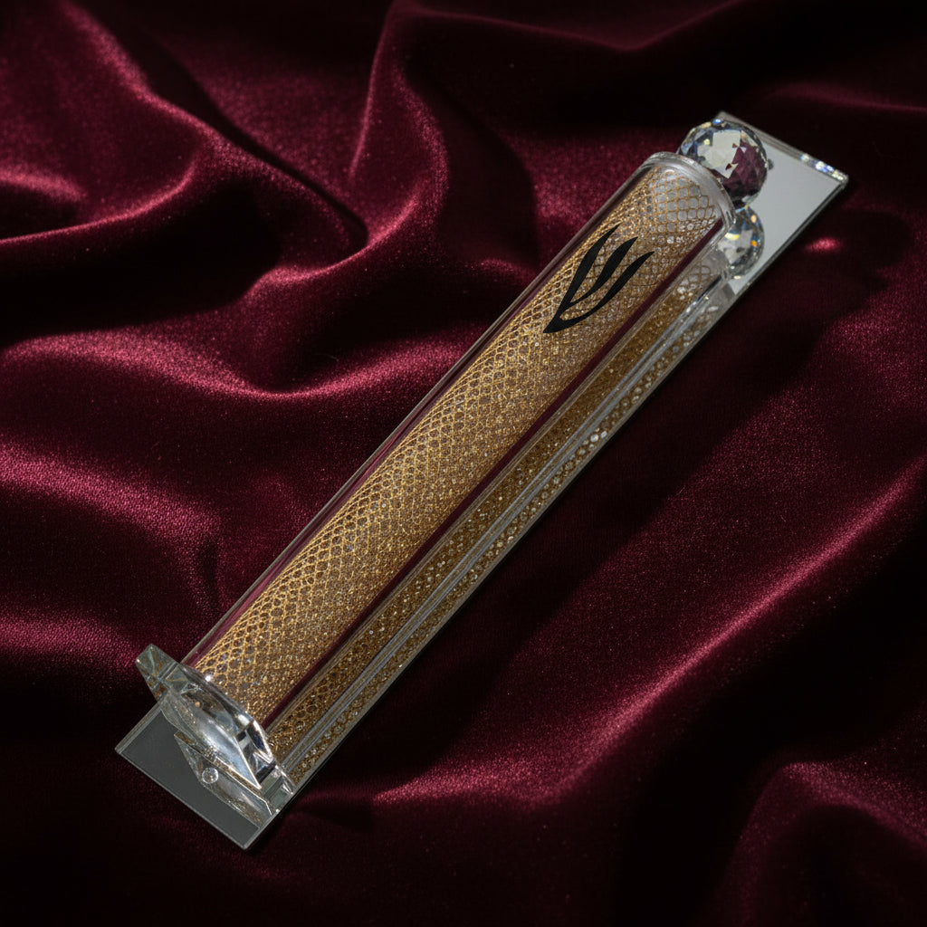 Crystal Mezuzah Case with Gold Design – Modern Jewish Door Mezuzah