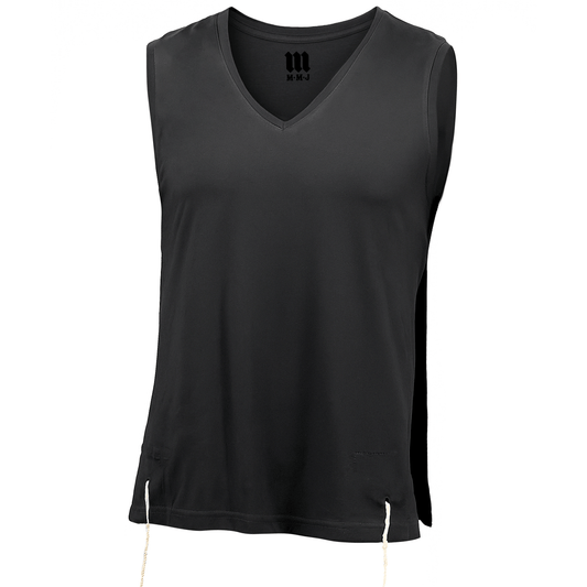 Front view of a black sleeveless V-neck Tzitzit T-shirt vest featuring white Tzitzit fringes hanging from the bottom corners. The garment is displayed against a white background and designed in accordance with traditional Jewish practice.