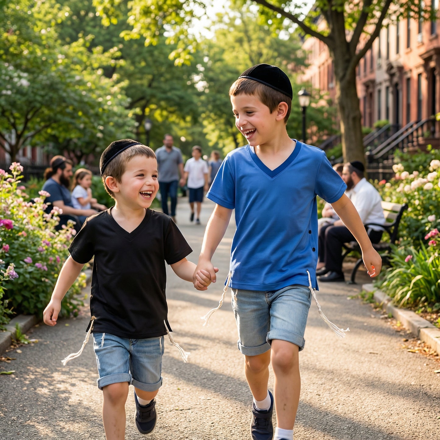 Two young boys holding hands and walking together in a park-like setting with trees and people in the background.