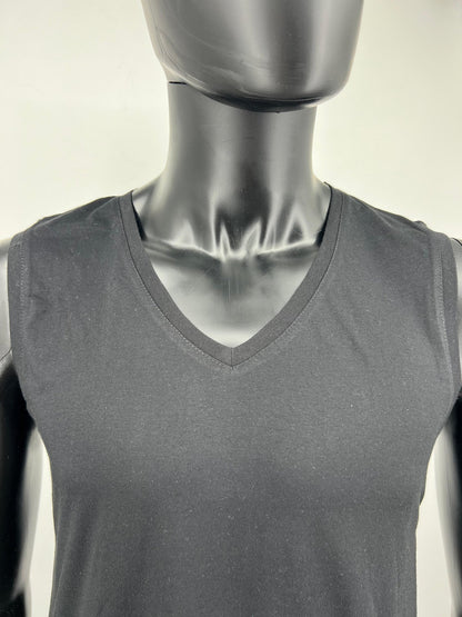 Close-up view of a mannequin wearing a black sleeveless V-neck Tzitzit T-shirt vest. The image highlights the neckline, shoulder seams, and upper chest area, showcasing the smooth cotton fabric. Displayed against a plain light background.
