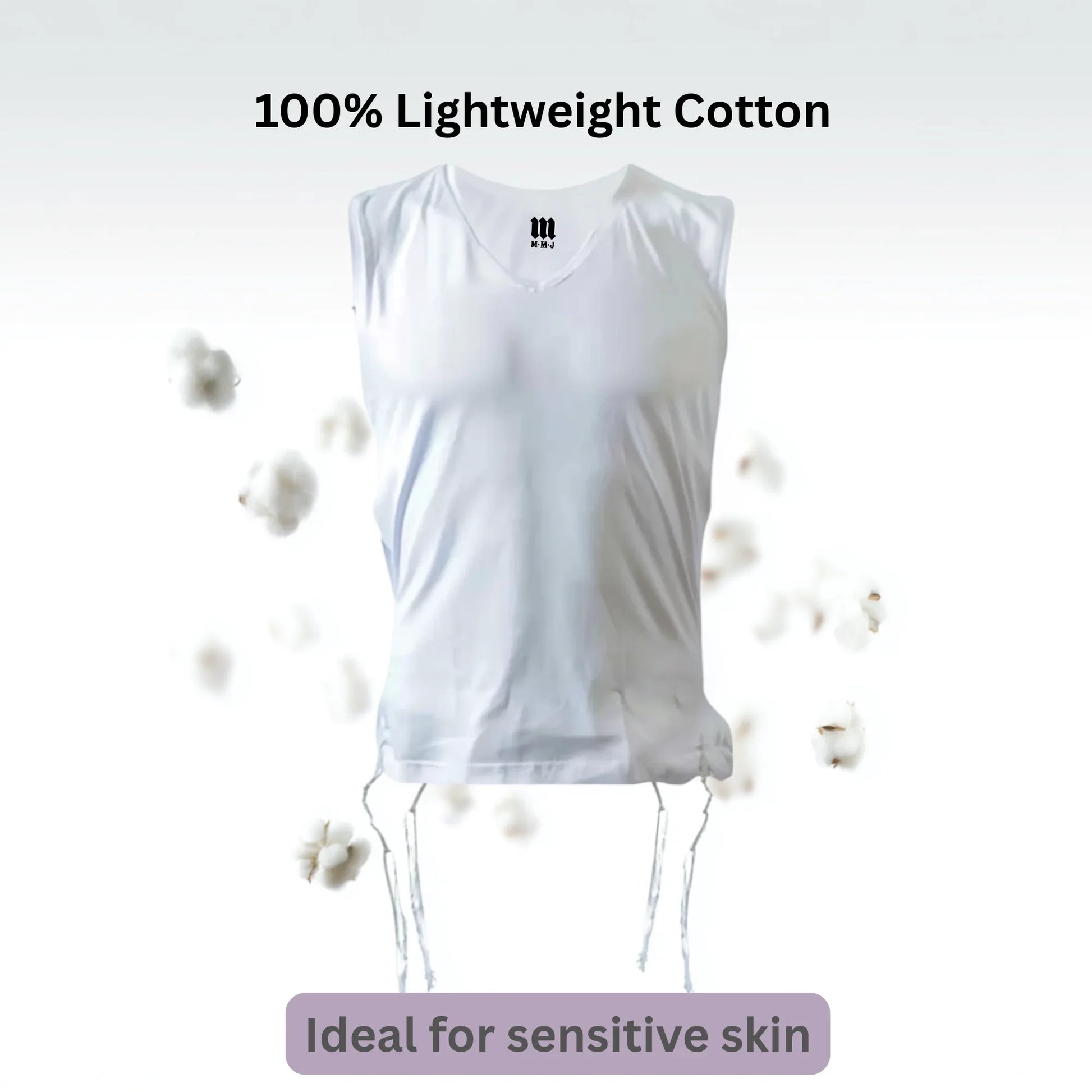 White sleeveless Tzitzit T-shirt on a mannequin with cotton fibers and text indicating '100% Lightweight Cotton' and 'Ideal for sensitive skin'.