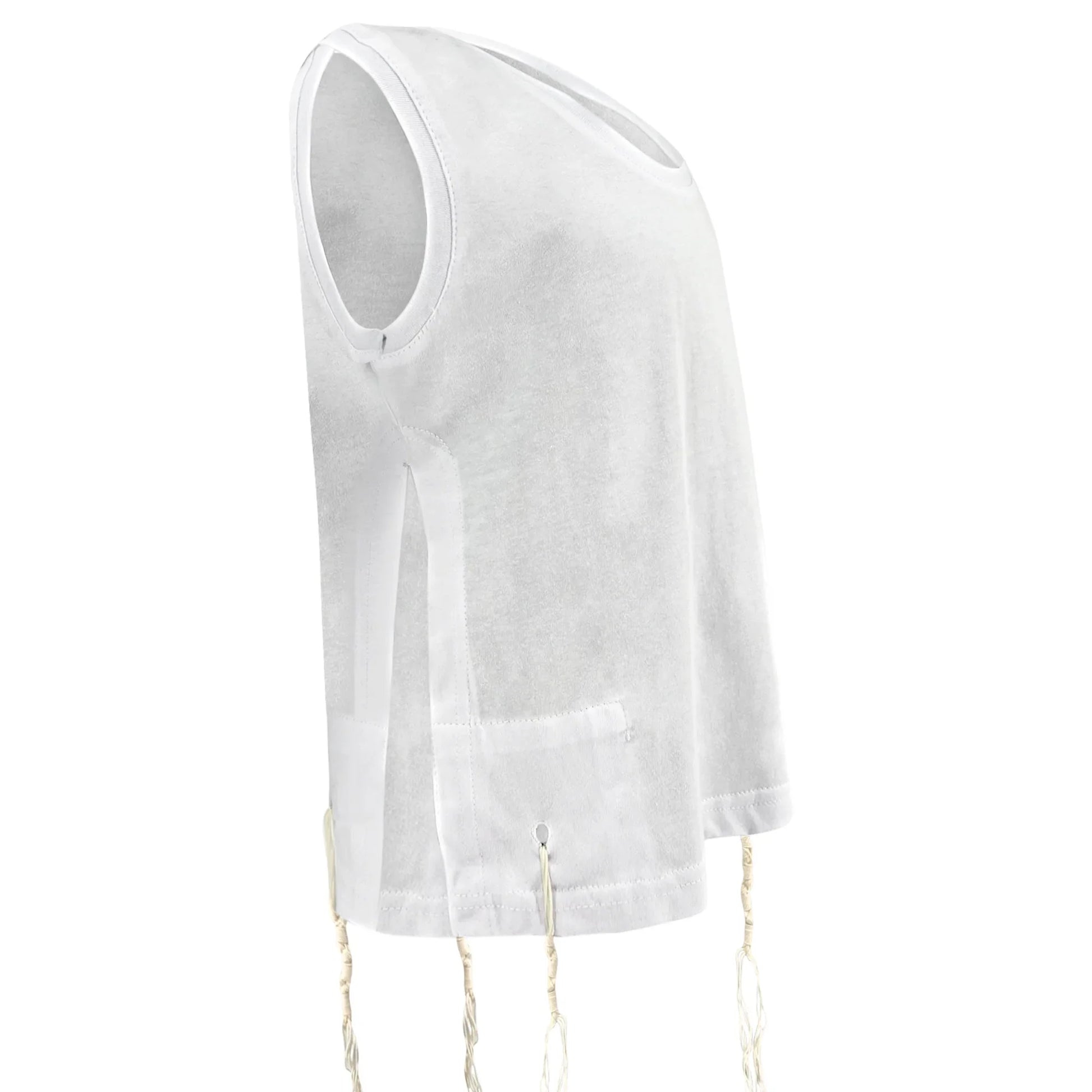 White sleeveless Tzitzit T-shirt on a white background